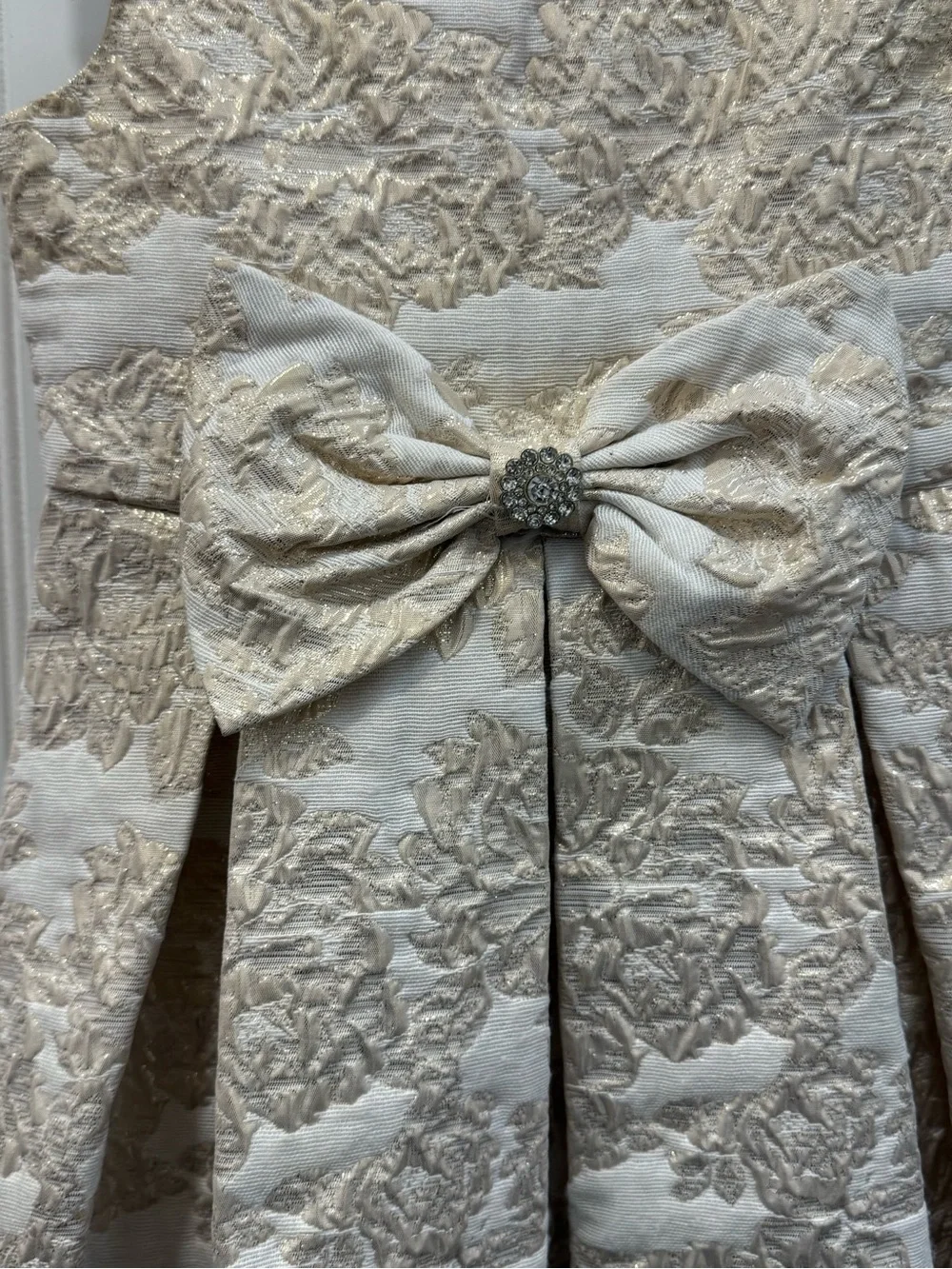 Rare Editions Ivory and Gold Brocade Dress with Bow
